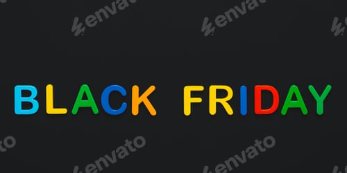 Preview: Black Friday - text, single word of colorful letter on black board. Font on banner. Shopping holiday