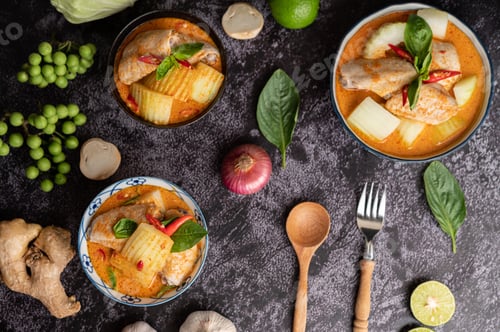 Preview: Chicken curry with winter melon, with mushroom, garlic, chilli and basil.