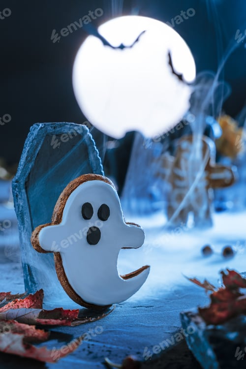 Preview: Cemetery and tombstones in a scary night. Spooky ghost and rising zombie