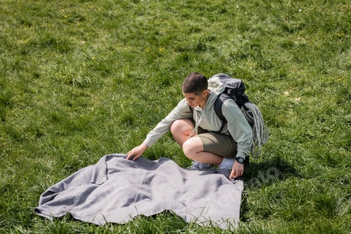 Preview: High angle view of young short haired female hiker with fitness tracker, backpack and travel