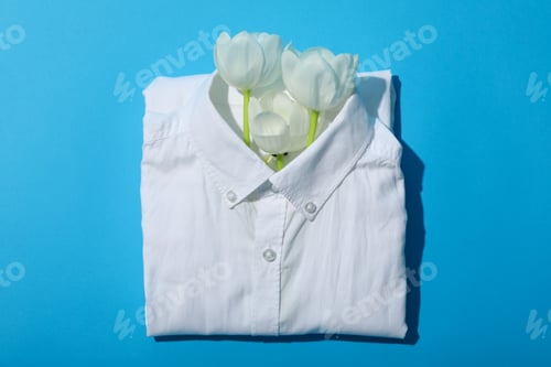 Preview: Flowers in white shirt on blue background, top view