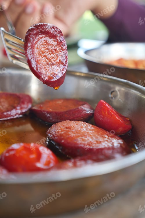 Preview: Delicious sweet dish served on a metal plate outdoors