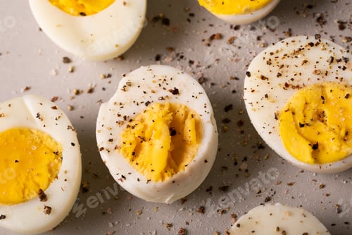 Preview: Directly above view of fresh boiled white eggs with peppercorn seasoning