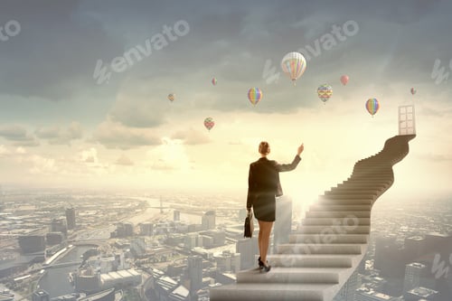 Preview: Businesswoman Walking Up Staircase To Door In Sky