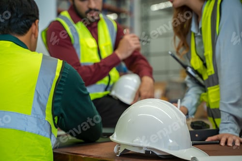 Preview: Group of warehouse workers have a briefing in a large distribution center.