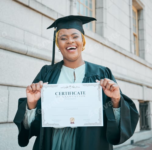 Preview: University student, graduation certificate or portrait of black woman excited for school success, c