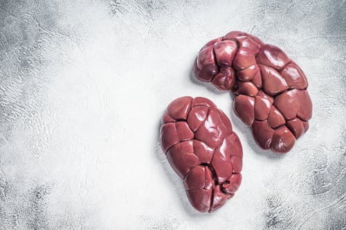 Preview: Raw Beef kidney on butcher table. White background. Top view. Copy space
