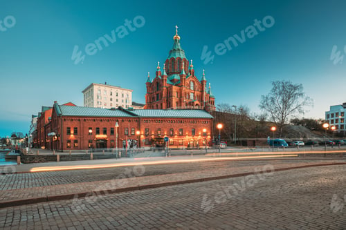 Preview: Helsinki, Finland. Uspenski Cathedral In Evening Illuminations Lights. Eastern Orthodox Cathedral