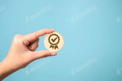 Preview: Hand holding virtual certification of quality assurance, Standardization, Good service with five