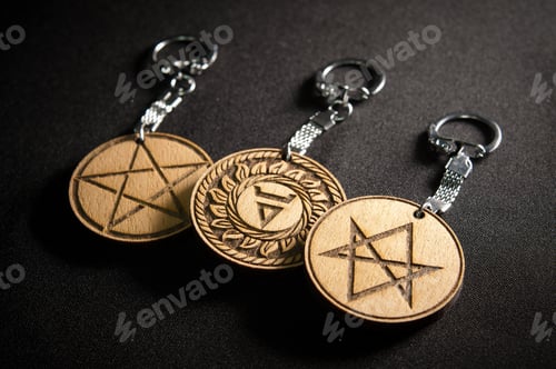 Preview: Amulets made of wood with a metal hook on a black background