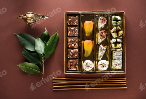 Preview: Indian sweets and Mithai in a box, insense sticks and Aladdin lamp. Diwali festival concept