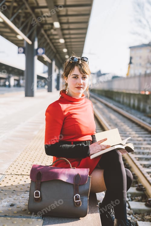 Preview: young beautiful red dressed vintage hipster woman