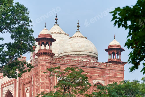 Preview: Close up Jawab Taj Mahal domes white marble mausoleum landmark in Agra, Uttar Pradesh, India