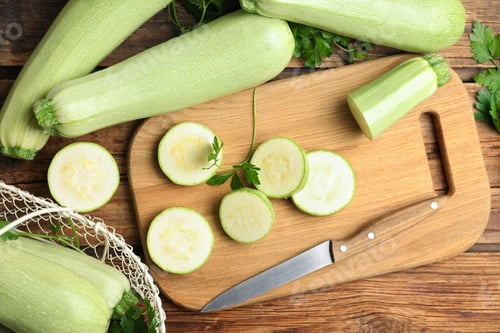 Preview: Ripe green zucchinis and parsley on wooden table, flat lay