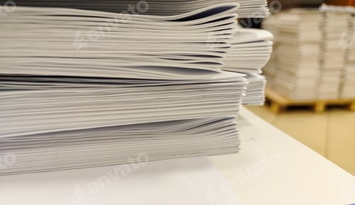 Preview: Close-up, a stack of glued book blocks prepared for binding in a printing house