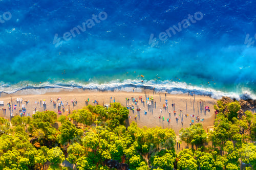 Preview: View from the air on the beach. Aerial view. Rest on the beach. Sea relaxation and travel.