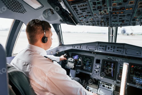 Preview: Pilot on the work in the passenger airplane. Preparing for takeoff
