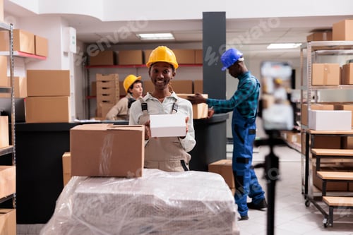 Preview: Warehouse manager showing cardboard boxes on smartphone camera