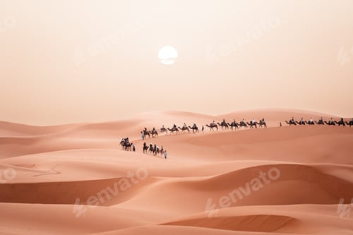 Preview: Camel trek during sunrise with tourists in the sahara desert, Merzouga Morocco