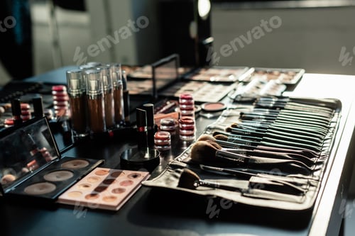 Preview: selective focus of makeup brush set near decorative cosmetics