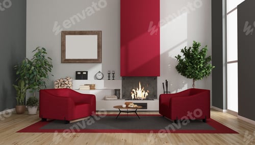 Preview: Modern living room with fireplace and armchairs