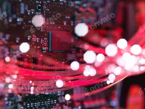 Preview: Fibre optics flowing through circuit boards from a laptop computer, close-up
