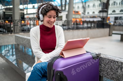 Preview: Tourist woman listening music using headphones and watching tablet while waiting train