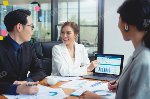 Preview: Group of Asian business people meeting about business plan and present and explain stock financial