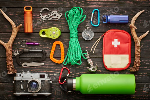 Preview: Travel items for hiking over wooden background