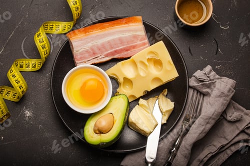 Preview: Foods for keto diet on black plate, measure tape on dark background