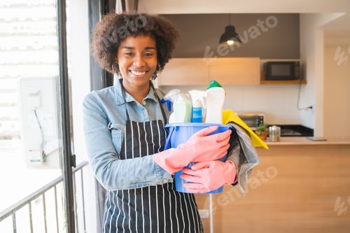 Preview: Afro woman holding a bucket with cleaning items.