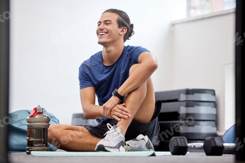 Preview: Fitness, relax or happy sports man at gym after training, workout or exercise resting on a break. T