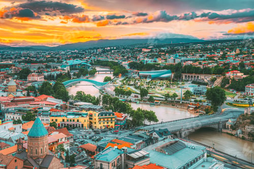 Preview: Tbilisi, Georgia. Evening View Of Tbilisi Skyline At Colorful Sunset. Summer Cityscape