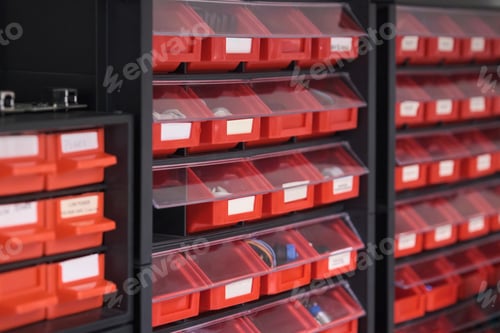 Preview: Screws, bolts, nuts, in red storage boxes in a workshop.