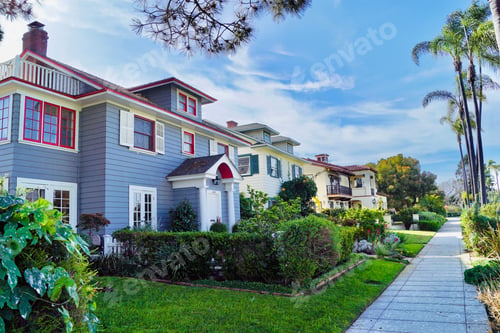 Preview: Beautiful residential houses in a neighborhood community in San Diego with sidewalk & palm trees