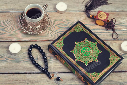 Preview: Three months. Islamic Holy Book Quran with rosary beads. Ramadan concept