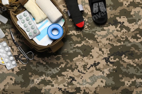 Preview: Flat lay composition with military first aid kit on camouflage fabric. Space for text