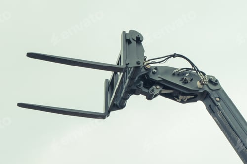 Preview: Forklift loader or stacker. Hydraulic and pneumatic mechanism in machine. Technology in transport