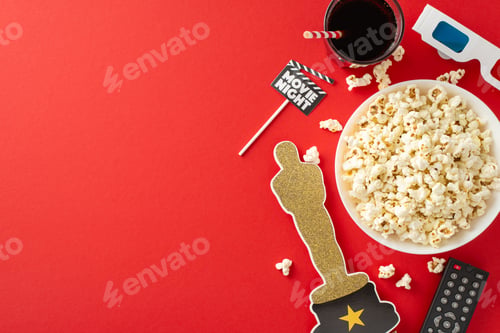 Vorschau: Überragende Sicht auf eine Filmparty: Ansicht von oben mit köstlichem Popcorn, Limonade und 3D-Gläsern