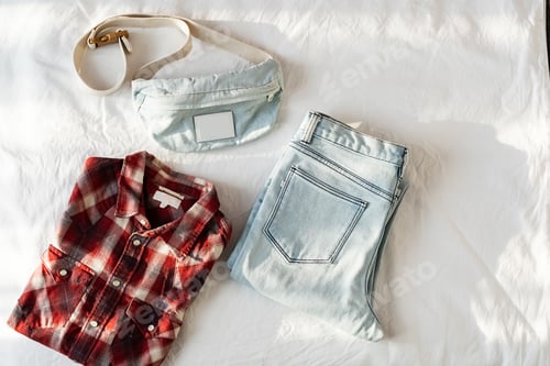 Preview: Stylish Clothing and Accessories Flat Lay on Bed