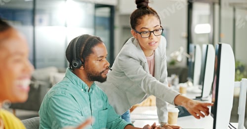 Preview: Call center, consulting or business man with computer help for telemarketing, customer service or c