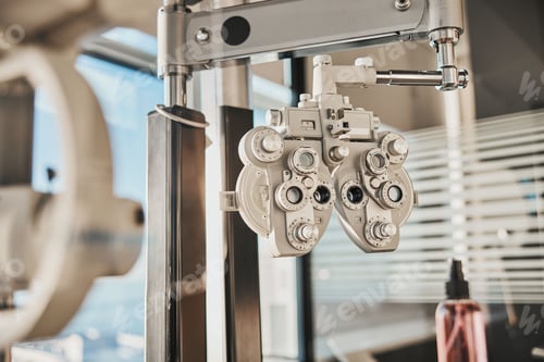 Preview: Vision, optometry and healthcare in an optician office with an ophthalmic phoropter machine for tes