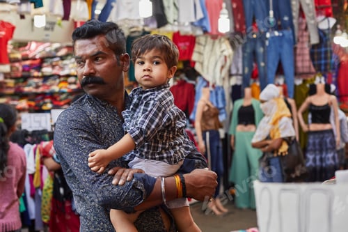 Preview: Father carrying child through a bustling market