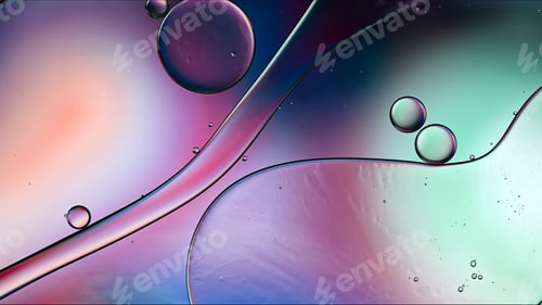 Visualização: Óleo alimentar colorido abstrato, gotas, bolhas e esferas fluindo na superfície da água