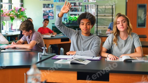 Preview: Male High School Pupil Raising Hand In Biology Class To Answer Question