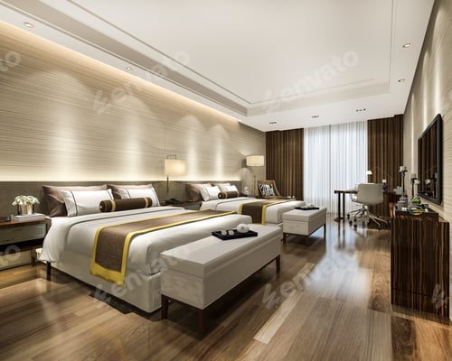 Preview: 3d rendering luxury bedroom suite in resort high rise hotel with twin bed