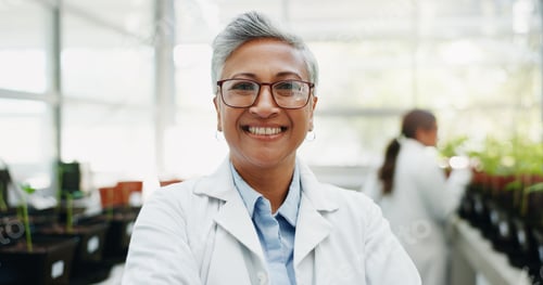 Preview: Woman, scientist and smile in greenhouse for portrait for conservation, pride and research for agri