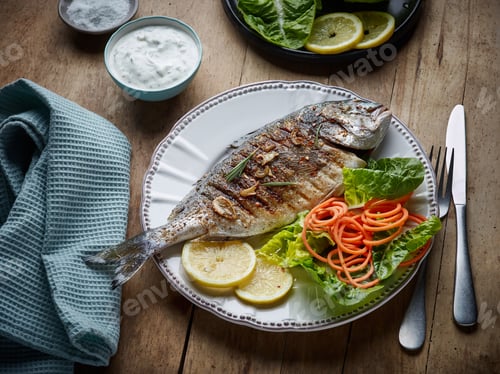 Preview: grilled fish on wooden kitchen table
