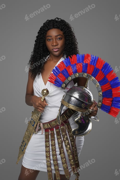 Preview: Black woman with plumed helmet against gray background