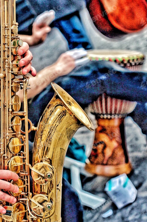Preview: Street Music overlay concept saxophone fingers tabla drum hands percussion upright bass jazz